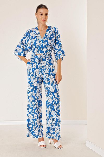 By Saygı Elastic Waist Pocket Palazzo Trousers Front Back V-Neck Crop Patterned Double Suit