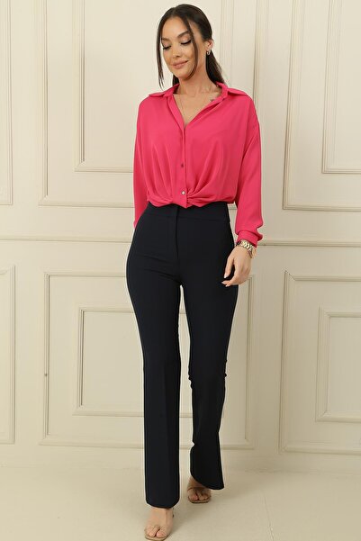 By Saygı High Waist Pocket Length Lycra Spanish Leg Trousers