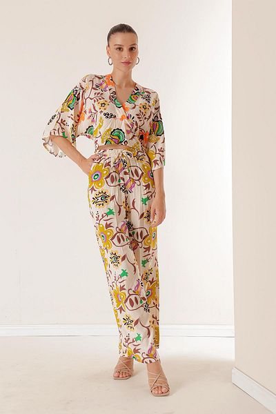By Saygı Elastic Waist Pocket Palazzo Trousers Front Back V Neck Crop Floral Double Suit