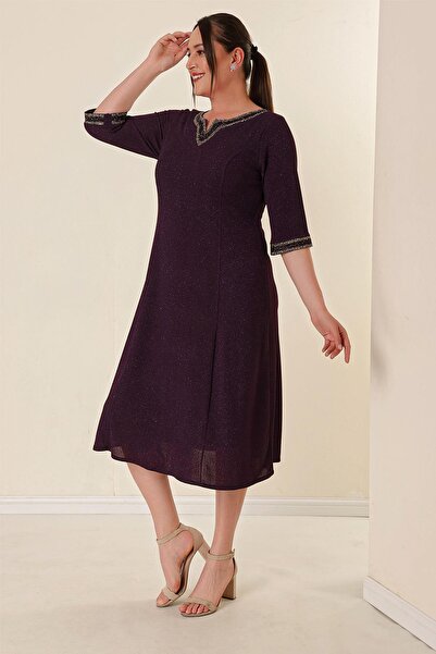 By Saygı Plus Size Glitter Dress with Lapel and Sleeves Stone Detail Lining