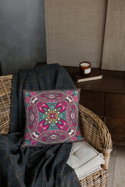 CİMENS 4-Piece Digital Printed Gift Sofa Set - Uzbek Patterned, Red, Burgundy