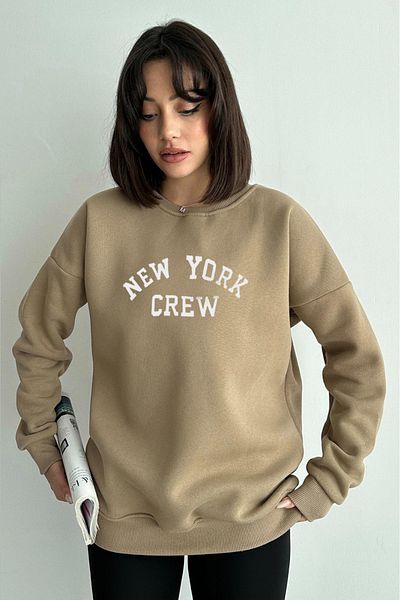 zunop Дамски суитшърт с качулка Mink New York Crew Print Oversize