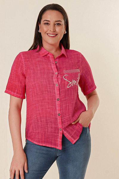 By Saygı Single Pocket Lettering Short Sleeve Plus Size Linen Shirt