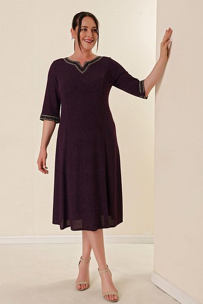 By Saygı Plus Size Glitter Dress with Lapel and Sleeves Stone Detail Lining