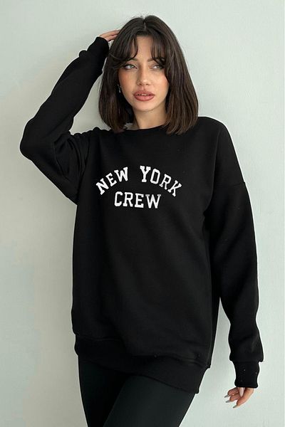 zunop Women's Black New York Crew Printed Oversize Hooded Sweatshirt
