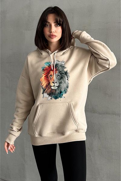 zunop Women's Beige Lion Printed Oversize Hooded Sweatshirt