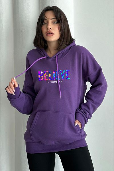 zunop Women's Purple Color Believe Printed Oversize Hooded Sweatshirt