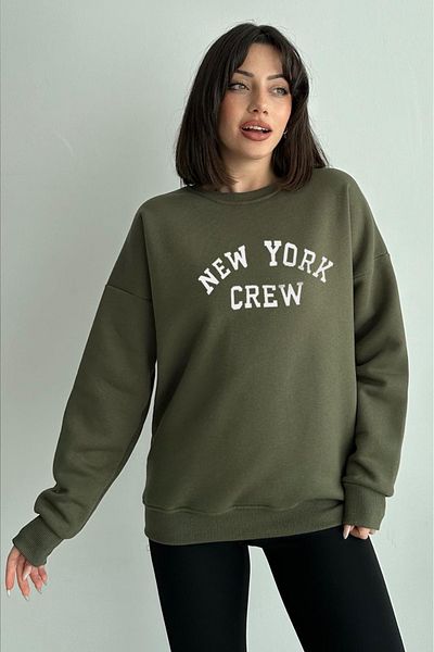 zunop Women's Oversize Door New York Crew Printed Khaki Sweatshirt