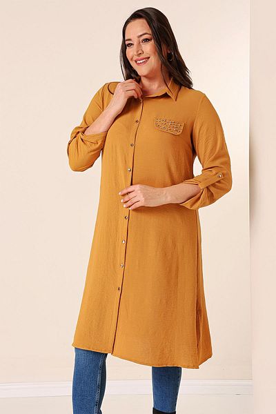 By Saygı Buttoned Front Three-Quarter Sleeve Pearl Detailed Large Size Ayrobin Long Tunik