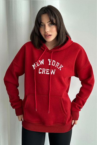 zunop Women's Red New York Crew Printed Oversize Hooded Sweatshirt
