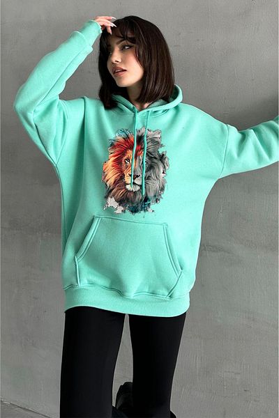 zunop Women's Mint Green Lion Printed Oversize Hooded Sweatshirt