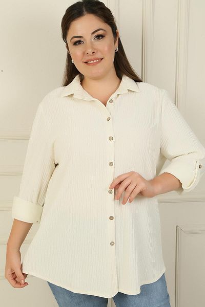 By Saygı Plus Size Seersucker Shirt - Sleeve Folded