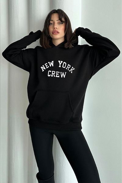zunop Women's Black New York Crew Printed Oversize Hooded Sweatshirt