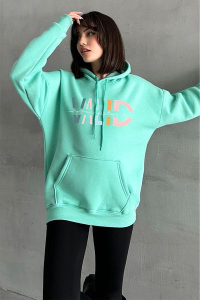 zunop Women's Mint Green Valid Printed Oversize Hooded Sweatshirt