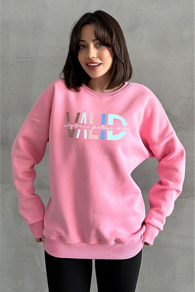 zunop Women's Pink Valid Printed Oversize Sweatshirt