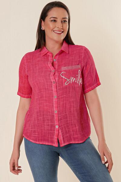 By Saygı Single Pocket Lettering Short Sleeve Plus Size Linen Shirt