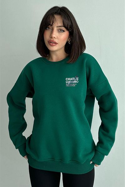 zunop Women's Green Charlie Luciano Printed Oversize Hooded Sweatshirt
