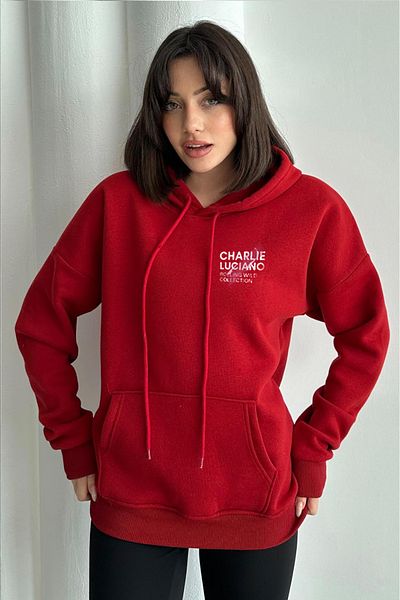 zunop Women's Red Charlie Luciano Printed Oversize Hooded Sweatshirt