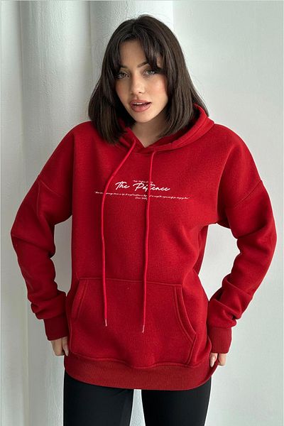 zunop Women's Red the Patience Printed Oversize Hooded Sweatshirt