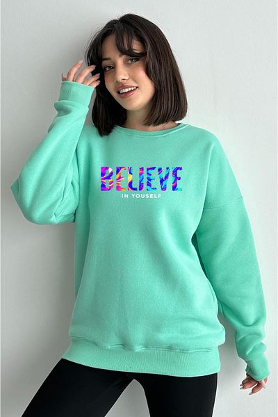 zunop Women's Mint Green Colorful Believe Printed Oversize Hooded Sweatshirt