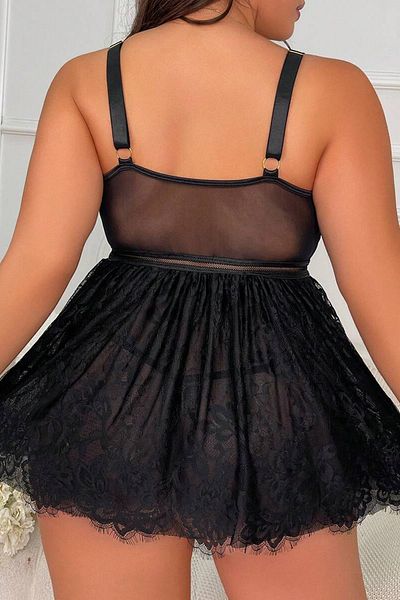 For Dreams Γυναικείο Μίνι Νυχτικό Μαύρο Plus Size - 8487