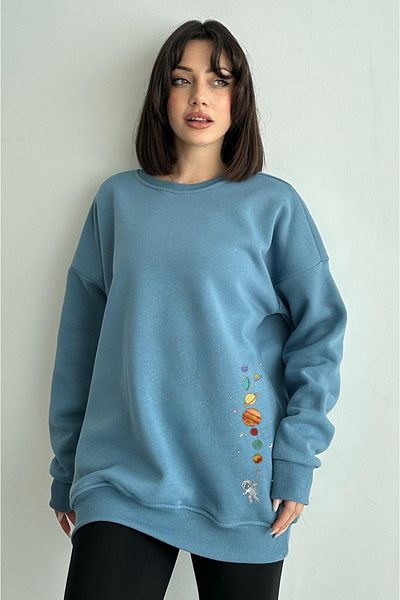 zunop Hanorac oversize cu imprimeu Blue Little Planet pentru femei