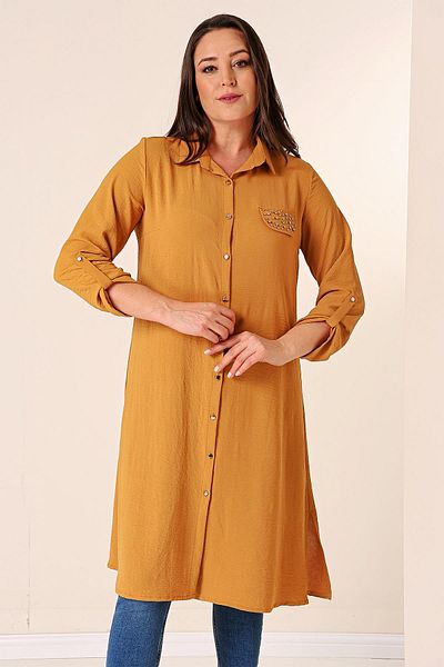 By Saygı Buttoned Front Three-Quarter Sleeve Pearl Detailed Large Size Ayrobin Long Tunik