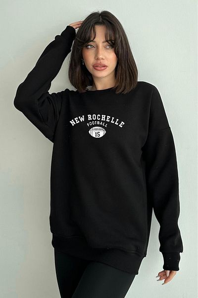zunop Women's Black New Rochelle Printed Oversize Hooded Sweatshirt