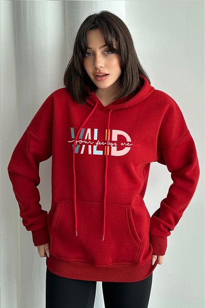 zunop Women's Red Valid Printed Oversize Hooded Sweatshirt