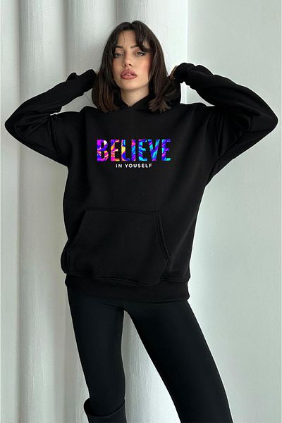 zunop Women's Black Color Believe Printed Oversize Hooded Sweatshirt