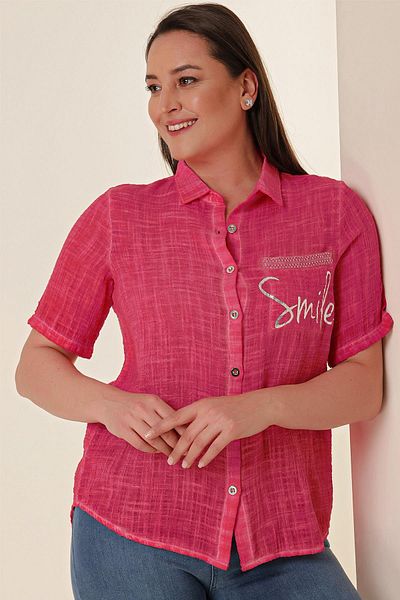 By Saygı Single Pocket Lettering Short Sleeve Plus Size Linen Shirt