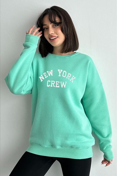 zunop Women's Mint Green Oversize Door New York Crew Sweatshirt