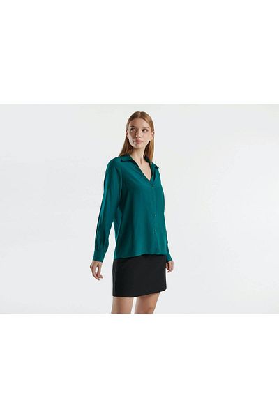 United Colors of Benetton Cămașă de damă, verde închis, amestecată de vâscoase, cu mânecă lungă, cu decolteu în V adânc