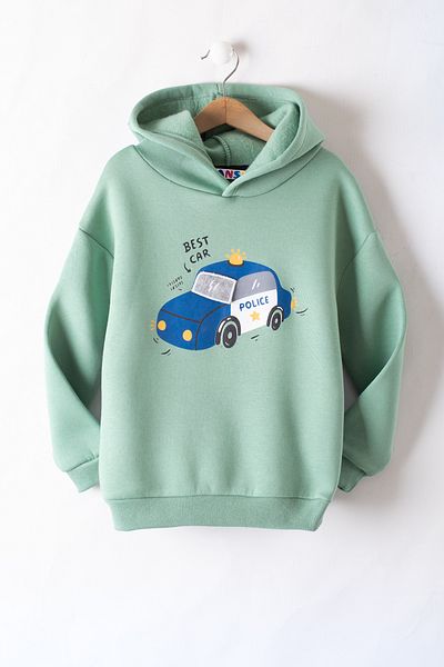 Cansın Mini Boy's Green Printed 3 Rope Hooded Sweatshirt - 19738