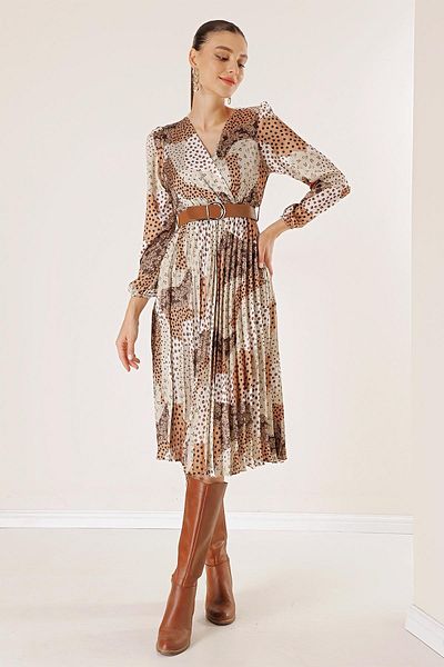 By Saygı Double Breasted Neck Waist Belted Mixed Patterned Lined Pleated Satin Dress