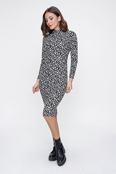 By Saygı Turtleneck Back Drawstring Patterned Sanded Suede Dress