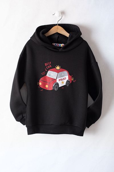 Cansın Mini Black Printed Hooded Sweatshirt for Boy - 19741