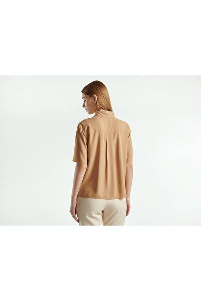 United Colors of Benetton Γυναικείο μπεζ 100% παχύρρευστο μισό μανίκι μονόχρωμο πουκάμισο