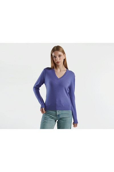 United Colors of Benetton Pulover de damă violet cu decolteu în V 100% merinos