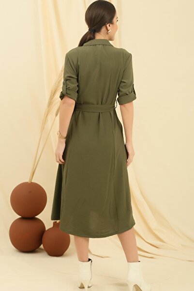 By Saygı Front Buttoned Sleeve Folded Waist Belted Pocket Dress