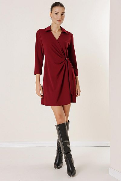 By Saygı Double Breasted Collar Waist Buckle Lycra Dress