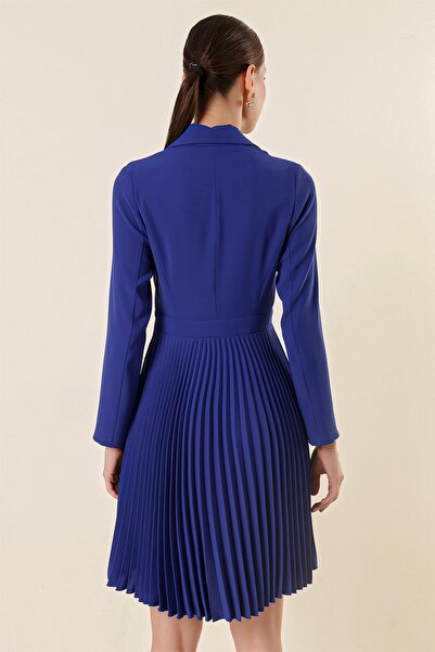 By Saygı Double Breasted Neckline Button Detail Pleated Long Sleeve Dress