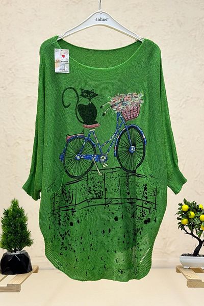 sahnemoda Bluză Mercerizată Liliac Imprimă Pisică Și Bicicletă