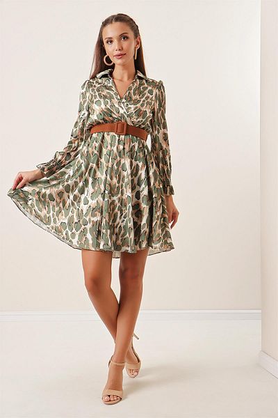 By Saygı Double-Breasted Neckline Leopard Print Lined Satin Dress with Waist Belt