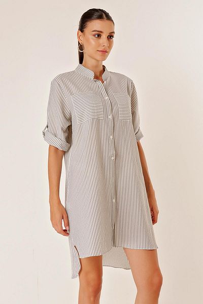 By Saygı Double Pocket Front Short Back Long Neck Striped Short Sleeve Seersucker Dress
