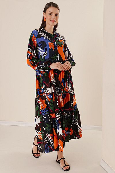By Saygı Front Half Button Mixed Print Oversize Long Viscose Dress with Pockets