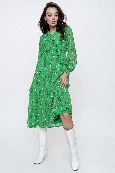 By Saygı Front Half Button Elastic Waist Lined Floral Chiffon Dress