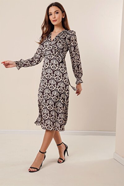 By Saygı Двуредно деколте Плисирана сатенена рокля с връзки и талия