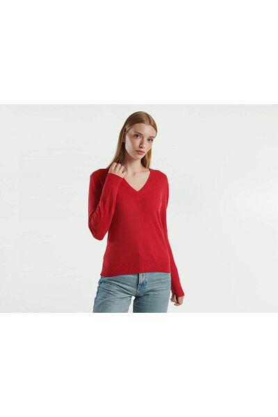 United Colors of Benetton Women's Red V-Neck 100% Merino Sweater