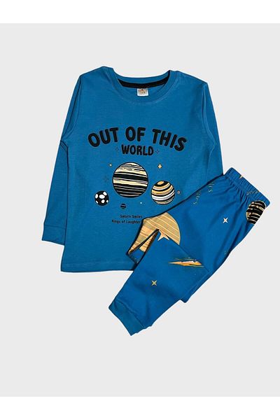 elmas kids Set de pijamale de iarnă cu mâneci lungi pentru băiat, 100% bumbac, Blue Planet Space Star